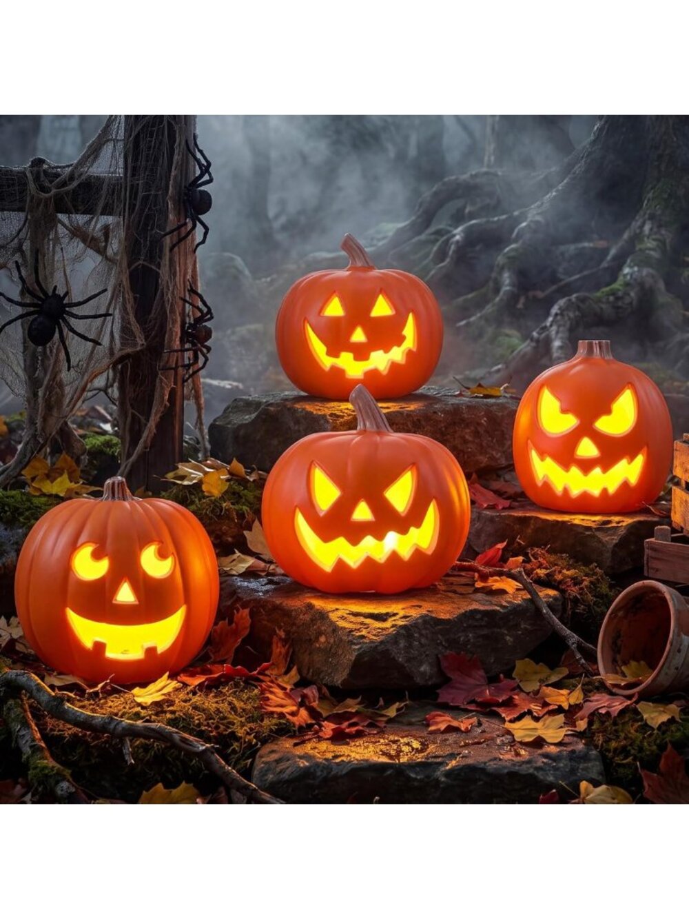 Set of 4 Light-Up Jack O'Lanterns - 9 Inch Halloween Pumpkin Decorations